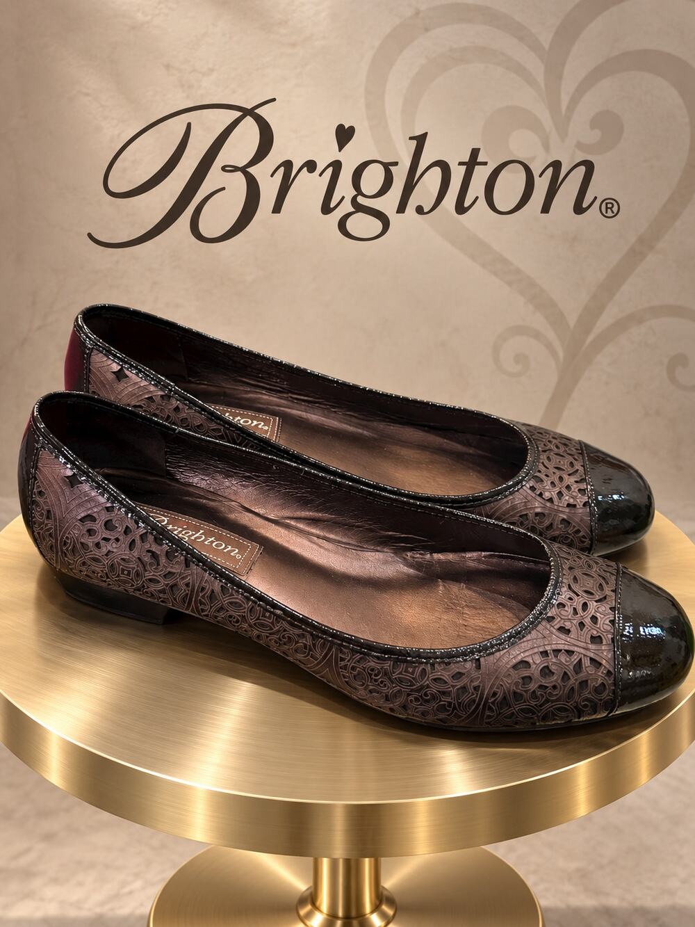 Brighton Deco Embossed Leather Patent Cap Toe Flats Women’s Size 8.5M